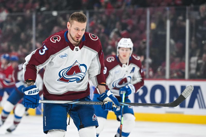 Mar 22, 2025; Montreal, Quebec, CAN; Colorado Avalanche right wing Valeri Nichushkin (13) looks on in warm-up before the game against the Montreal Canadiens at Bell Centre. Mandatory Credit: David Kirouac-Imagn Images