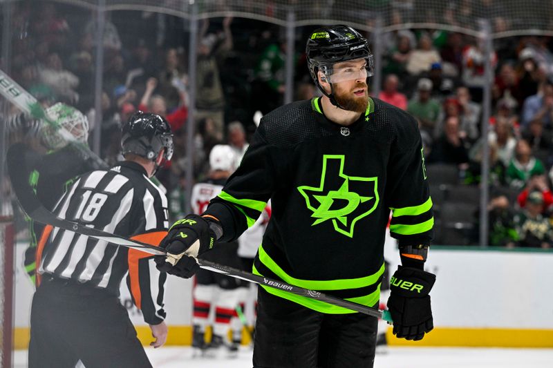 Mar 14, 2024; Dallas, Texas, USA; Dallas Stars defenseman Jani Hakanpaa (2) skates off the ice after the Stars give up a sixth goal to the New Jersey Devils during the game at the American Airlines Center. Mandatory Credit: Jerome Miron-USA TODAY Sports