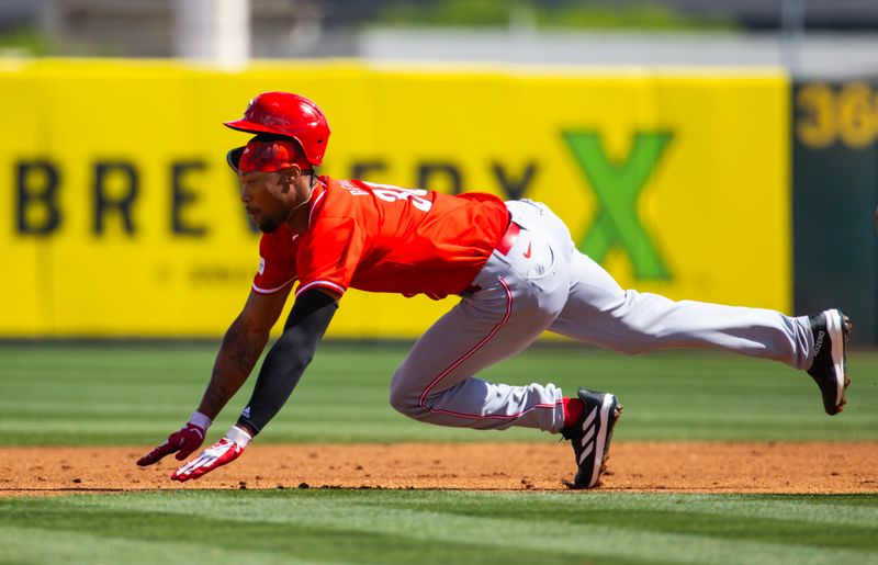 Mar 19, 2024; Tempe, Arizona, USA; Cincinnati Reds base runner Will Benson steals second base against the Los Angeles Angels during a spring training game at Tempe Diablo Stadium. Mandatory Credit: Mark J. Rebilas-USA TODAY Sports