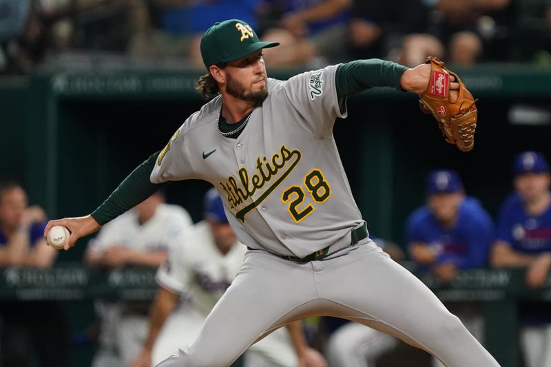Apr 28, 2025; Arlington, Texas, USA; Athletics pitcher Mitch Spence (28) throws to the plate against the Texas Rangers during the sixth inning at Globe Life Field. Mandatory Credit: Raymond Carlin III-Imagn Images