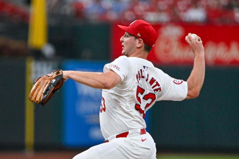 Aug 28, 2024; St. Louis, Missouri, USA;  St. Louis Cardinals starting pitcher Andre Pallante (53) pitches against the San Diego Padres during the first inning at Busch Stadium. Mandatory Credit: Jeff Curry-USA TODAY Sports