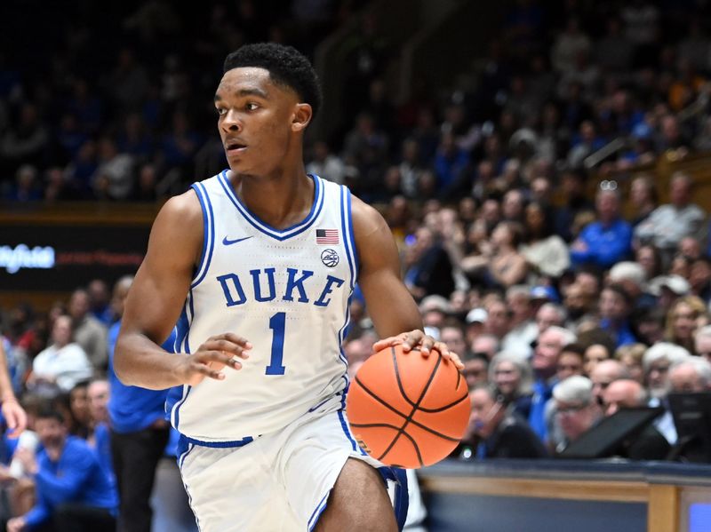 Dec 12, 2023; Durham, North Carolina, USA; Duke Blue Devils guard Caleb Foster (1) controls the ball during the second half against the Hofstra Bison at Cameron Indoor Stadium. The Blue Devils won 89-68. Mandatory Credit: Rob Kinnan-USA TODAY Sports