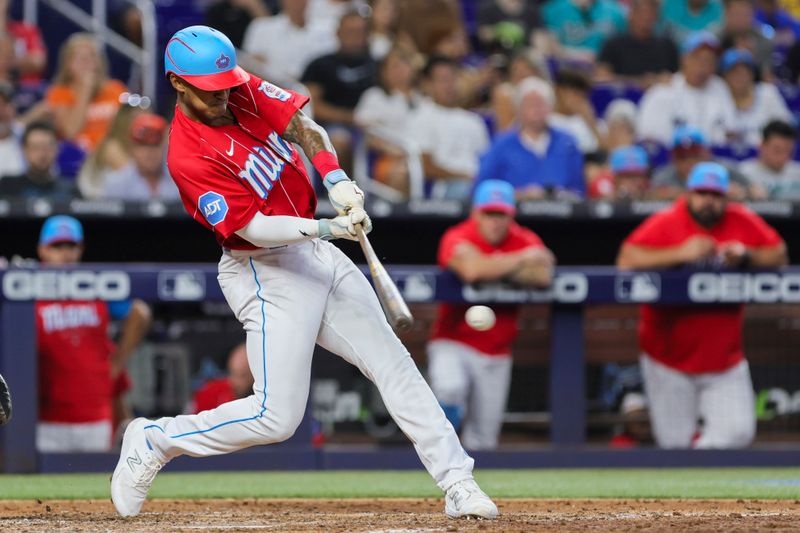 Jul 29, 2023; Miami, Florida, USA; Miami Marlins center fielder Dane Myers (54) hits a single against the Detroit Tigers during the seventh inning at loanDepot Park. Mandatory Credit: Sam Navarro-USA TODAY Sports