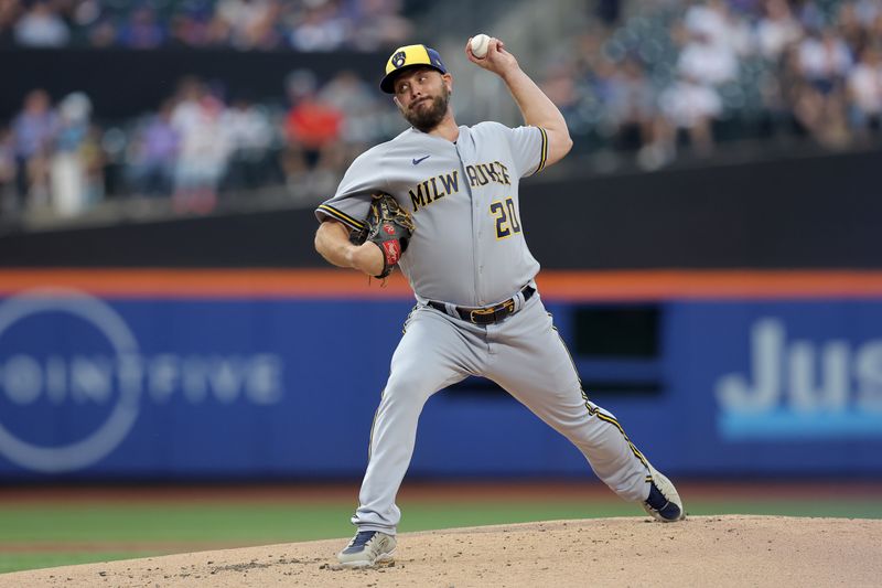 Jun 28, 2023; New York City, New York, USA; Milwaukee Brewers starting pitcher Wade Miley (20) pitches against the New York Mets during the first inning at Citi Field. Mandatory Credit: Brad Penner-USA TODAY Sports