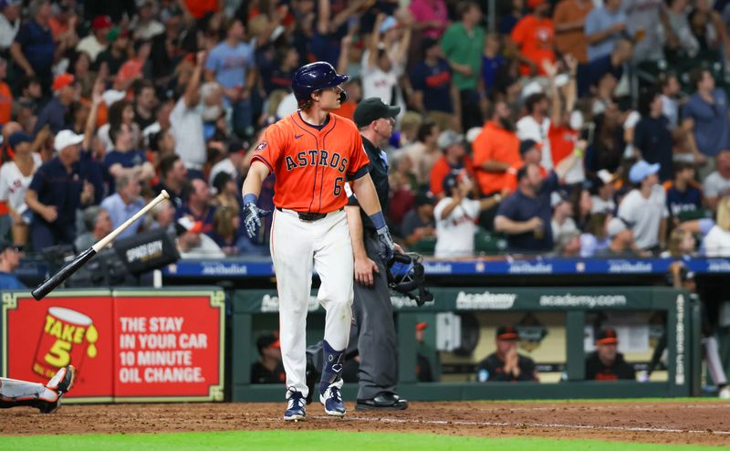 Jun 21, 2024; Houston, Texas, USA; Houston Astros center fielder Jake Meyers (6) hits a three run home run against the Baltimore Orioles in the fifth inning at Minute Maid Park. Mandatory Credit: Thomas Shea-USA TODAY Sports