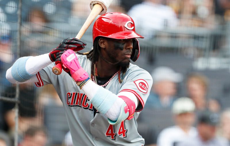 Jun 18, 2024; Pittsburgh, Pennsylvania, USA;  Cincinnati Reds shortstop Elly De La Cruz (44) in the on-deck circle against the Pittsburgh Pirates during the first inning at PNC Park. Mandatory Credit: Charles LeClaire-USA TODAY Sports