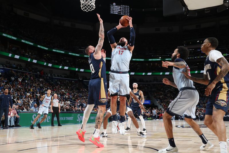 NEW ORLEANS, LA - JANUARY 3:  Jonas Valanciunas #17 of the Washington Wizards drives to the basket during the game against the New Orleans Pelicans on January 3, 2025 at the Smoothie King Center in New Orleans, Louisiana. NOTE TO USER: User expressly acknowledges and agrees that, by downloading and or using this Photograph, user is consenting to the terms and conditions of the Getty Images License Agreement. Mandatory Copyright Notice: Copyright 2025 NBAE (Photo by Layne Murdoch Jr./NBAE via Getty Images)