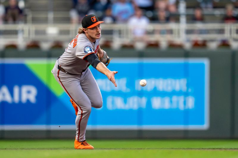 May 7, 2025; Minneapolis, Minnesota, USA; Baltimore Orioles shortstop Gunnar Henderson (2) flips the ball to Baltimore Orioles second baseman Jackson Holliday (not pictured) for an out against the Minnesota Twins in the fifth inning at Target Field. Mandatory Credit: Jesse Johnson-Imagn Images