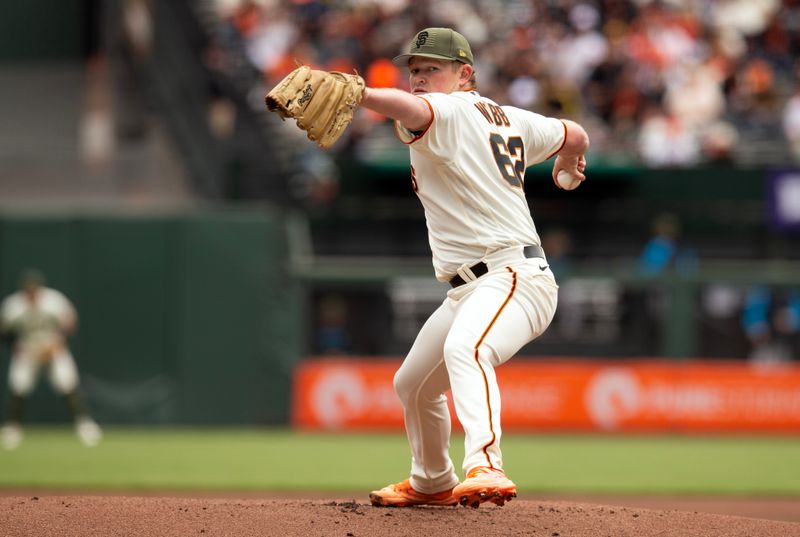 May 20, 2023; San Francisco, California, USA; San Francisco Giants starting pitcher Logan Webb (62) delivers a pitch against the Miami Marlins during the first inning at Oracle Park. Mandatory Credit: D. Ross Cameron-USA TODAY Sports