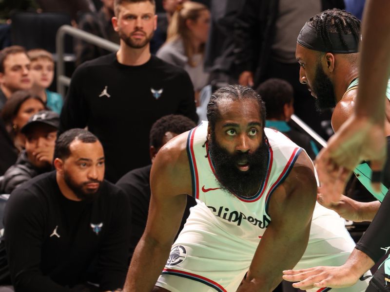 CHARLOTTE, NC - JANUARY 31:  James Harden #1 of the LA Clippers handles the ball during the game against the Charlotte Hornets on January 31, 2025 at Spectrum Center in Charlotte, North Carolina. NOTE TO USER: User expressly acknowledges and agrees that, by downloading and or using this photograph, User is consenting to the terms and conditions of the Getty Images License Agreement. Mandatory Copyright Notice: Copyright 2025 NBAE (Photo by Kent Smith/NBAE via Getty Images)