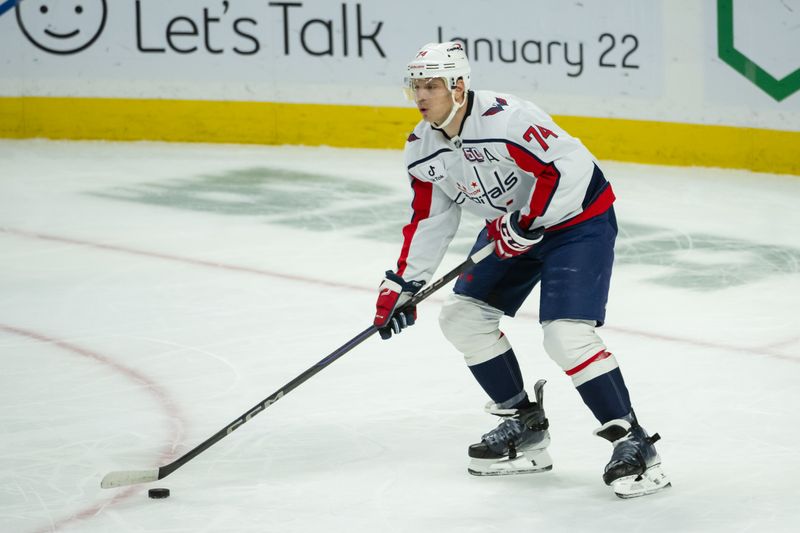 Jan 16, 2025; Ottawa, Ontario, CAN; Washington Capitals defenseman John Carlson (74) skates with the puck in the third period against the Ottawa Senators at the Canadian Tire Centre. Mandatory Credit: Marc DesRosiers-Imagn Images