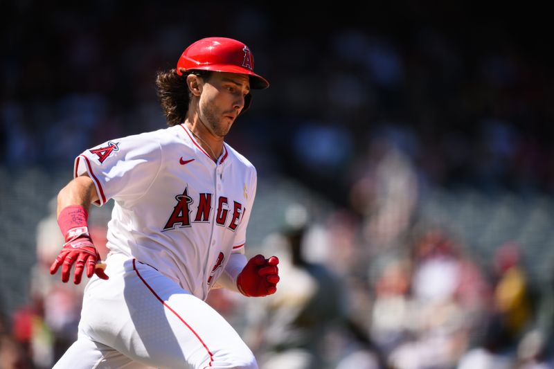 Sep 7, 2025; Anaheim, California, USA; Los Angeles Angels center fielder Bryce Teodosio (22) runs after hitting a RBI double against the Athletics during the fourth inning at Angel Stadium. Mandatory Credit: William Liang-Imagn Images