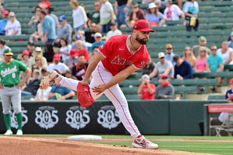 Mar 6, 2024; Tempe, Arizona, USA;  Los Angeles Angels starting pitcher Patrick Sandoval (43) throws in the first inning against the Oakland Athletics during a spring training game at Tempe Diablo Stadium. Mandatory Credit: Matt Kartozian-USA TODAY Sports