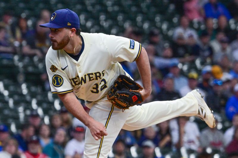 Jun 9, 2025; Milwaukee, Wisconsin, USA; Milwaukee Brewers starting pitcher Aaron Civale (32) throws a pitch in the first inning against the Atlanta Braves at American Family Field. Mandatory Credit: Benny Sieu-Imagn Images