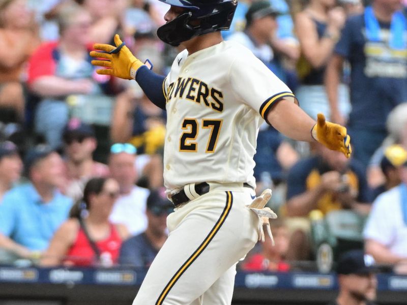 Aug 23, 2023; Milwaukee, Wisconsin, USA;  Milwaukee Brewers shortstop Willy Adames (27) reacts after hitting a two run home run in the sixth inning against the Minnesota Twins at American Family Field. Mandatory Credit: Benny Sieu-USA TODAY Sports