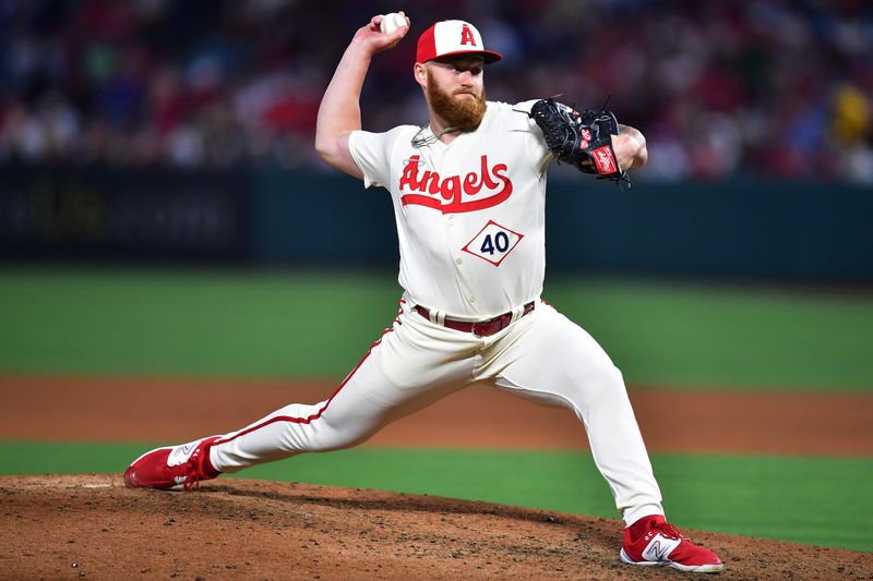 Jul 1, 2023; Anaheim, California, USA; Los Angeles Angels relief pitcher Sam Bachman (40) throws against the Arizona Diamondbacks during the sixth inning at Angel Stadium. Mandatory Credit: Gary A. Vasquez-USA TODAY Sports