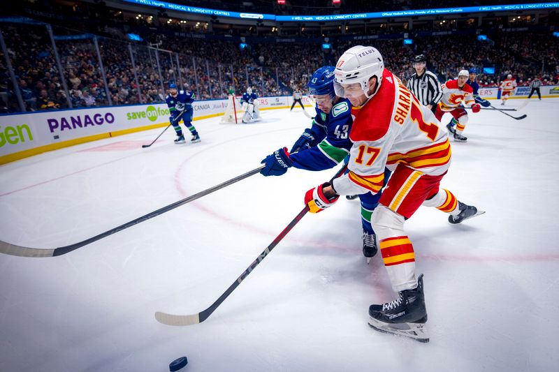 Apr 16, 2024; Vancouver, British Columbia, CAN; Calgary Flames forward Yegor Sharangovich (17) battles with Vancouver Canucks defenseman Quinn Hughes (43) in the second period at Rogers Arena. Mandatory Credit: Bob Frid-USA TODAY Sports