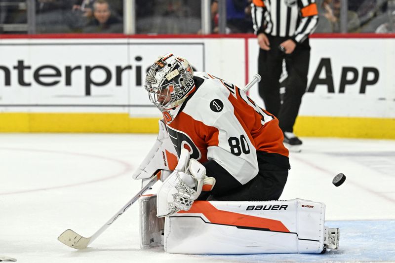 Oct 30, 2025; Philadelphia, Pennsylvania, USA; Philadelphia Flyers goaltender Dan Vladar (80) allows goal by Nashville Predators right wing Matthew Wood (71) (not pictured) during the second period at Xfinity Mobile Arena. Mandatory Credit: Eric Hartline-Imagn Images