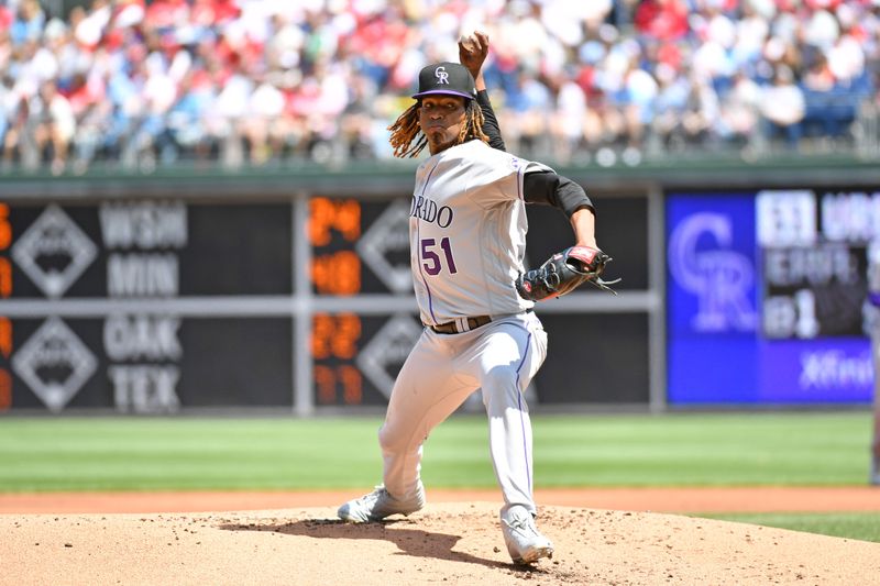 Apr 23, 2023; Philadelphia, Pennsylvania, USA; Colorado Rockies starting pitcher Jose Urena (51) throws a pitch against the Philadelphia Phillies during the first inning at Citizens Bank Park. Mandatory Credit: Eric Hartline-USA TODAY Sports