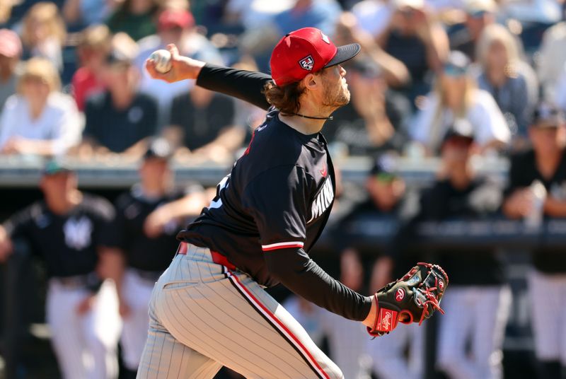 Feb 26, 2024; Tampa, Florida, USA; Minnesota Twins relief pitcher Steven Okert (16) throws a pitch during the second inning against the New York Yankees  at George M. Steinbrenner Field. Mandatory Credit: Kim Klement Neitzel-USA TODAY Sports