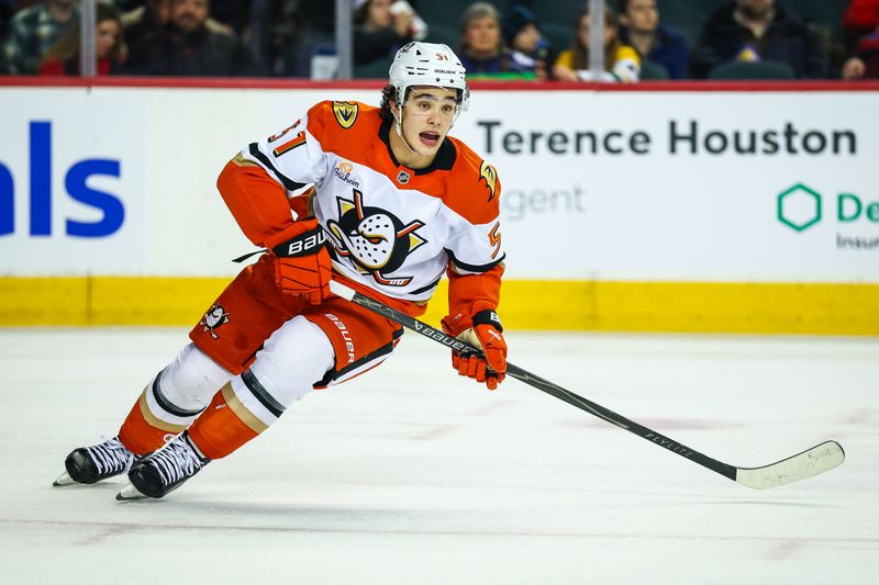 Jan 25, 2026; Calgary, Alberta, CAN; Anaheim Ducks defenseman Olen Zellweger (51) skates against the Calgary Flames during the second period at Scotiabank Saddledome. Mandatory Credit: Sergei Belski-Imagn Images