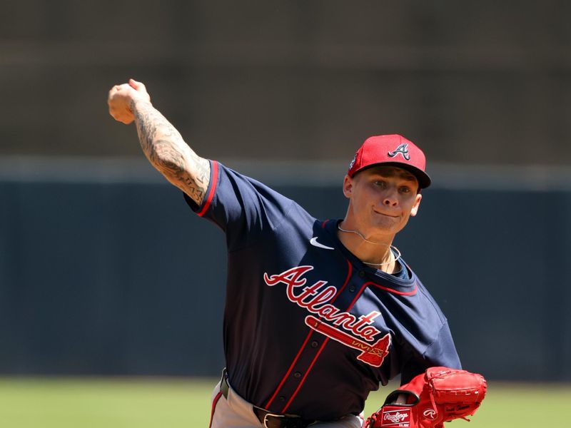 Mar 10, 2024; Tampa, Florida, USA; Atlanta Braves starting pitcher AJ Smith-Shawver (32) throws a pitch during the first inning against the New York Yankees at George M. Steinbrenner Field. Mandatory Credit: Kim Klement Neitzel-USA TODAY Sports