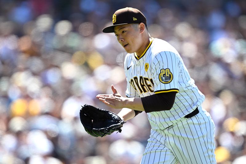 Jun 12, 2024; San Diego, California, USA; San Diego Padres relief pitcher Yuki Matsui (1) reacts after a strikeout to end the top of the seventh inning against the Oakland Athletics at Petco Park. Mandatory Credit: Orlando Ramirez-USA TODAY Sports