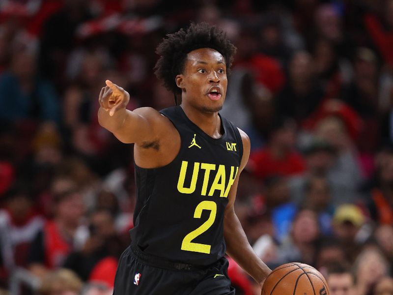 CHICAGO, ILLINOIS - NOVEMBER 06: Collin Sexton #2 of the Utah Jazz dribbles against the Chicago Bulls during the second half at the United Center on November 06, 2023 in Chicago, Illinois. NOTE TO USER: User expressly acknowledges and agrees that, by downloading and or using this photograph, User is consenting to the terms and conditions of the Getty Images License Agreement. (Photo by Michael Reaves/Getty Images)