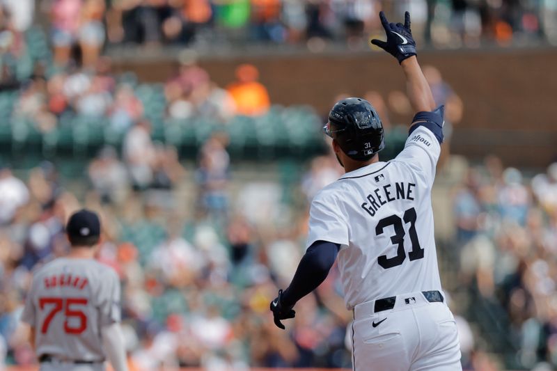 Sep 1, 2024; Detroit, Michigan, USA;  Detroit Tigers outfielder Riley Greene (31) celebrates after he hits a two run home run in the sixth inning against the Boston Red Sox at Comerica Park. Mandatory Credit: Rick Osentoski-USA TODAY Sports