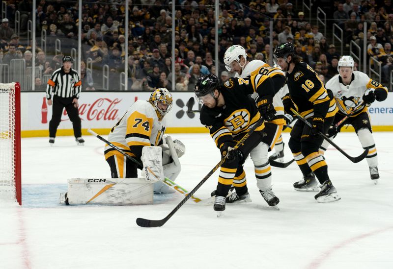 Jan 11, 2026; Boston, Massachusetts, USA; Boston Bruins left-winger Viktor Arvidsson (71) scores during the first period of the game against the Pittsburgh Penguins at TD Garden. Mandatory Credit: Natalie Reid-Imagn Images