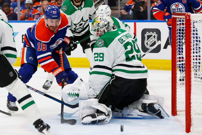 Jun 2, 2024; Edmonton, Alberta, CAN;Dallas Stars goaltender Jake Oettinger (29) makes a save on  on Edmonton Oilers forward Zach Hyman (18) during the first period  in game six of the Western Conference Final of the 2024 Stanley Cup Playoffs at Rogers Place. Mandatory Credit: Perry Nelson-USA TODAY Sports