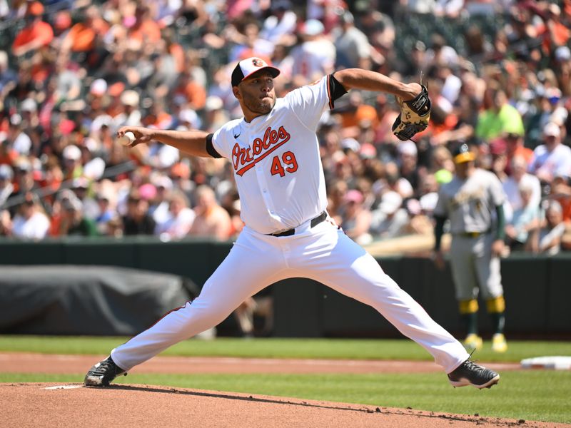 Apr 28, 2024; Baltimore, Maryland, USA;  Baltimore Orioles starting pitcher Albert Suarez (49) delivers a pitch during the first inning against the Oakland Athletics at Oriole Park at Camden Yards. Mandatory Credit: James A. Pittman-USA TODAY Sports