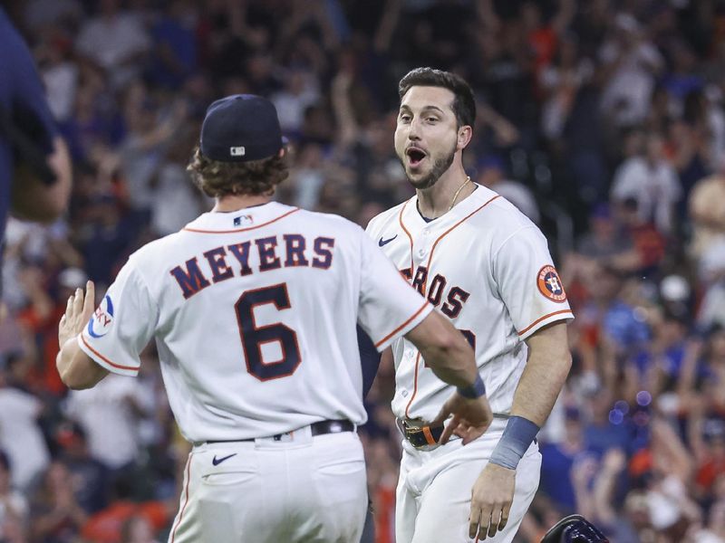 May 17, 2023; Houston, Texas, USA; Houston Astros designated hitter Kyle Tucker (30) celebrates with center fielder Jake Meyers (6) after the Astros defeated the Chicago Cubs at Minute Maid Park. Mandatory Credit: Troy Taormina-USA TODAY Sports