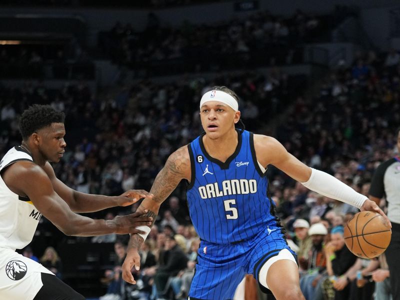 MINNEAPOLIS, MN -  FEBRUARY 3: Paolo Banchero #5 of the Orlando Magic drives to the basket during the game against the Minnesota Timberwolves on February 3, 2023 at Target Center in Minneapolis, Minnesota. NOTE TO USER: User expressly acknowledges and agrees that, by downloading and or using this Photograph, user is consenting to the terms and conditions of the Getty Images License Agreement. Mandatory Copyright Notice: Copyright 2022 NBAE (Photo by Jordan Johnson/NBAE via Getty Images)