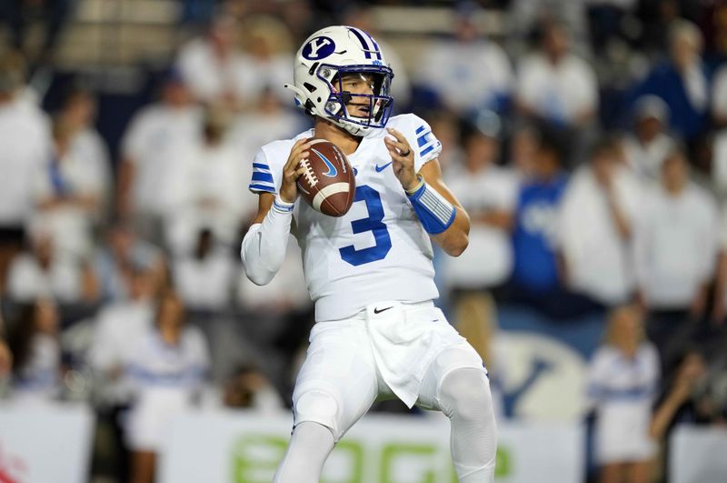 Sep 18, 2021; Provo, Utah, USA; BYU Cougars quarterback Jaren Hall (3) throws the ball in the first half against the Arizona State Sun Devils at LaVell Edwards Stadium. Mandatory Credit: Kirby Lee-USA TODAY Sports