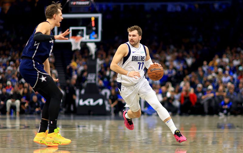 ORLANDO, FLORIDA - NOVEMBER 06: Luka Doncic #77 of the Dallas Mavericks drives to the basket during a game against the Orlando Magic at Amway Center on November 06, 2023 in Orlando, Florida. (Photo by Mike Ehrmann/Getty Images) NOTE TO USER: User expressly acknowledges and agrees that, by downloading and or using this photograph, User is consenting to the terms and conditions of the Getty Images License Agreement. (Photo by Mike Ehrmann/Getty Images)