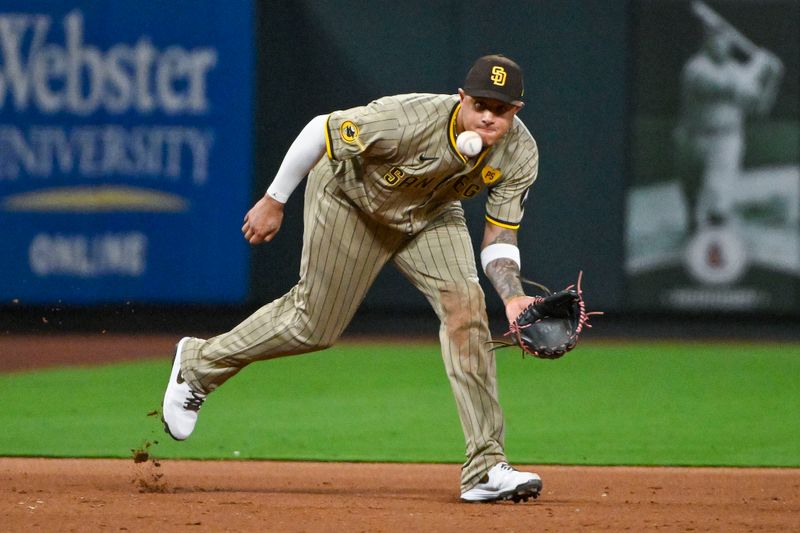 Aug 26, 2024; St. Louis, Missouri, USA;  San Diego Padres third baseman Manny Machado (13) fields a ground ball against the St. Louis Cardinals during the eighth inning at Busch Stadium. Mandatory Credit: Jeff Curry-USA TODAY Sports