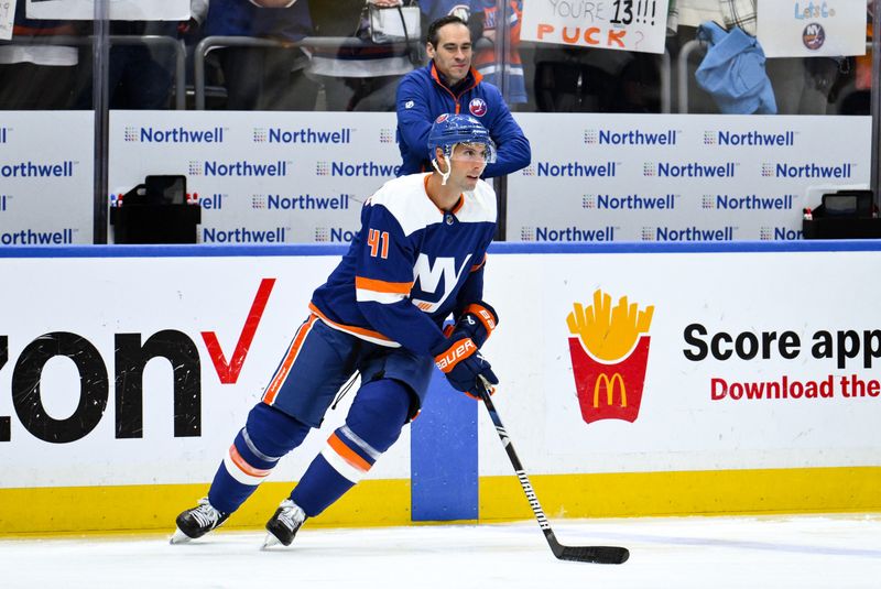 Dec 9, 2023; Elmont, New York, USA; New York Islanders defenseman Robert Bortuzzo (41) warms up before a game against the Los Angeles Kings at UBS Arena. Mandatory Credit: John Jones-USA TODAY Sports