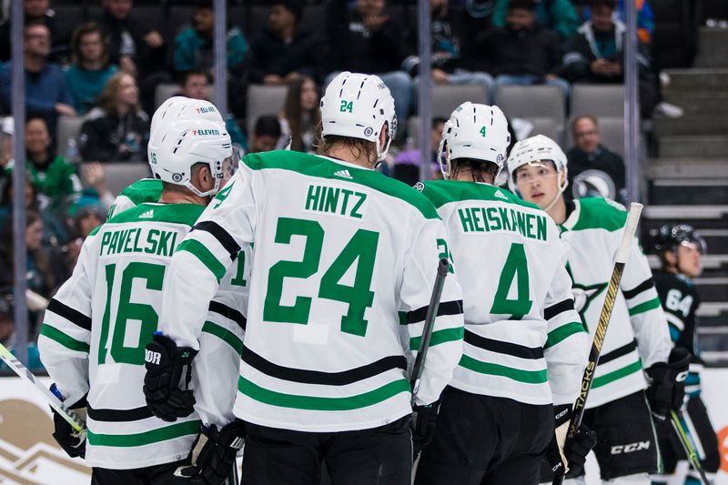 Mar 5, 2024; San Jose, California, USA; Dallas Stars left wing Jamie Benn (14) celebrates with teammates after scoring the San Jose Sharks during the first period at SAP Center at San Jose. Mandatory Credit: John Hefti-USA TODAY Sports