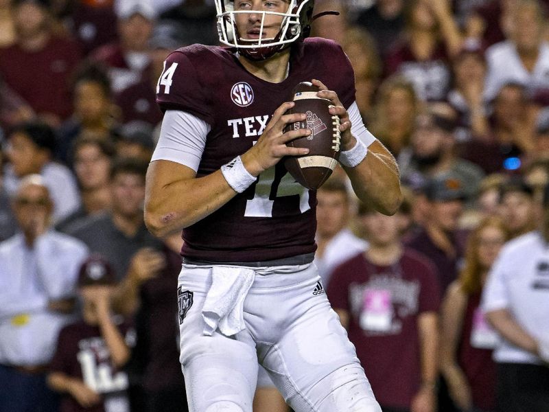 Sep 17, 2022; College Station, Texas, USA; Texas A&M Aggies quarterback Max Johnson (14) drops back to pass against the Miami Hurricanes during the first quarter at Kyle Field. Mandatory Credit: Jerome Miron-USA TODAY Sports