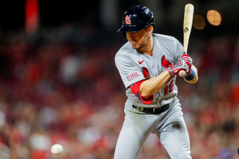 Sep 8, 2023; Cincinnati, Ohio, USA; St. Louis Cardinals shortstop Tommy Edman (19) gets hit by a pitch in the seventh inning against the Cincinnati Reds at Great American Ball Park. Mandatory Credit: Katie Stratman-USA TODAY Sports