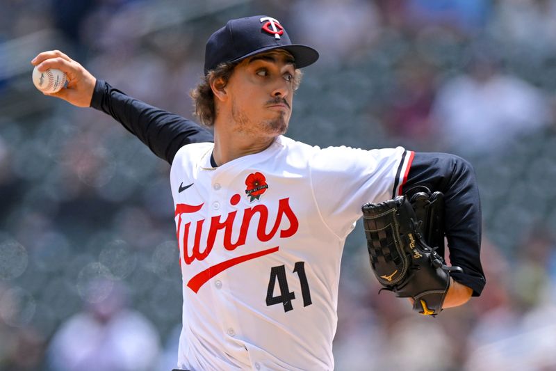 May 27, 2024; Minneapolis, Minnesota, USA; Minnesota Twins starting pitcher Joe Ryan (41) delivers a pitch against the Kansas City Royals during the third inning at Target Field. Mandatory Credit: Nick Wosika-USA TODAY Sports