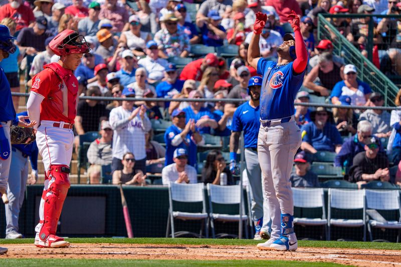Mar 16, 2024; Tempe, Arizona, USA; Chicago Cubs infielder Christopher Morel (5) reacts after hitting a home run in the third during a spring training game against the Los Angeles Angels at Tempe Diablo Stadium. Mandatory Credit: Allan Henry-USA TODAY Sports