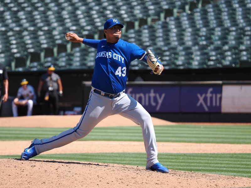 Aug 23, 2023; Oakland, California, USA; Kansas City Royals relief pitcher Carlos Hernandez (43) pitches the ball against the Oakland Athletics during the ninth inning at Oakland-Alameda County Coliseum. Mandatory Credit: Kelley L Cox-USA TODAY Sports