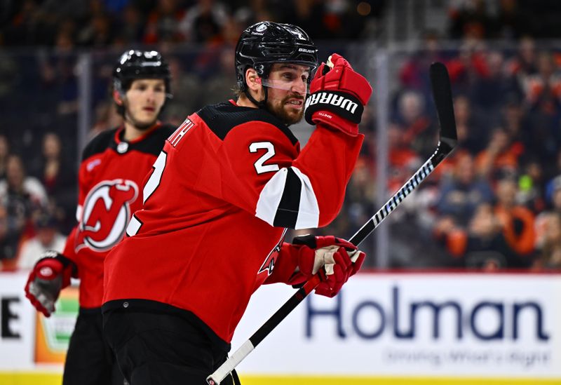 Apr 13, 2024; Philadelphia, Pennsylvania, USA; New Jersey Devils defenseman Brendan Smith (2) reacts after receiving a penalty call against the Philadelphia Flyers in the first period at Wells Fargo Center. Mandatory Credit: Kyle Ross-USA TODAY Sports