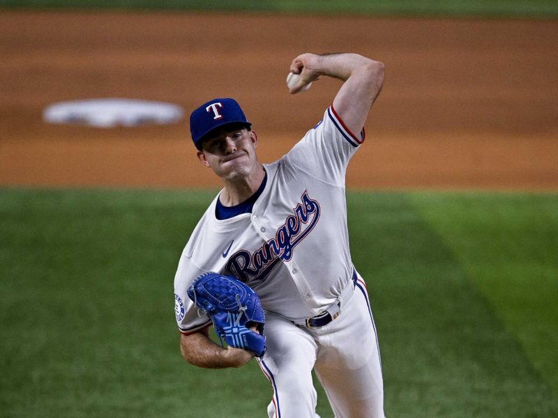 Aug 15, 2024; Arlington, Texas, USA; Texas Rangers starting pitcher Cody Bradford (61) pitches against the Minnesota Twins during the first inning at Globe Life Field. Mandatory Credit: Jerome Miron-USA TODAY Sports