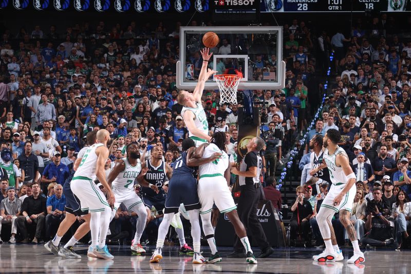 DALLAS, TX - JUNE 14: Sam Hauser #30 of the Boston Celtics goes up for the jump ball during the game against the Dallas Mavericks during Game 4 of the 2024 NBA Finals on June 14, 2024 at the American Airlines Center in Dallas, Texas. NOTE TO USER: User expressly acknowledges and agrees that, by downloading and or using this photograph, User is consenting to the terms and conditions of the Getty Images License Agreement. Mandatory Copyright Notice: Copyright 2024 NBAE (Photo by Nathaniel S. Butler/NBAE via Getty Images)