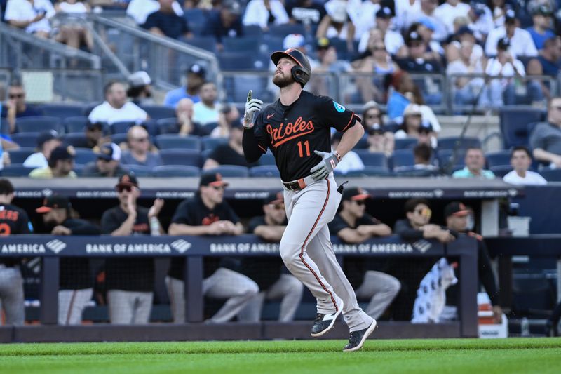 Sep 28, 2025; Bronx, New York, USA; Baltimore Orioles third baseman Jordan Westburg (11) runs the bases after hitting a solo home run against the New York Yankees during the fourth inning at Yankee Stadium. Mandatory Credit: John Jones-Imagn Images