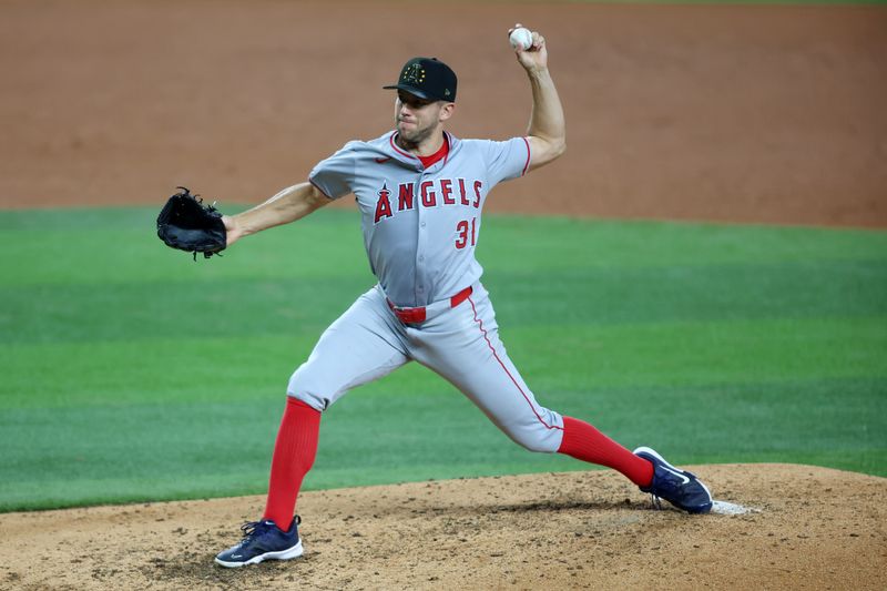 May 17, 2024; Arlington, Texas, USA; Los Angeles Angels pitcher Tyler Anderson (31) throws a pitch in the sixth inning against the Texas Rangers at Globe Life Field. Mandatory Credit: Tim Heitman-USA TODAY Sports