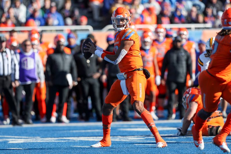 Oct 28, 2023; Boise, Idaho, USA; Boise State Broncos quarterback Taylen Green (10) during the first half against the Wyoming Cowboys at Albertsons Stadium. Mandatory Credit: Brian Losness-USA TODAY Sports

